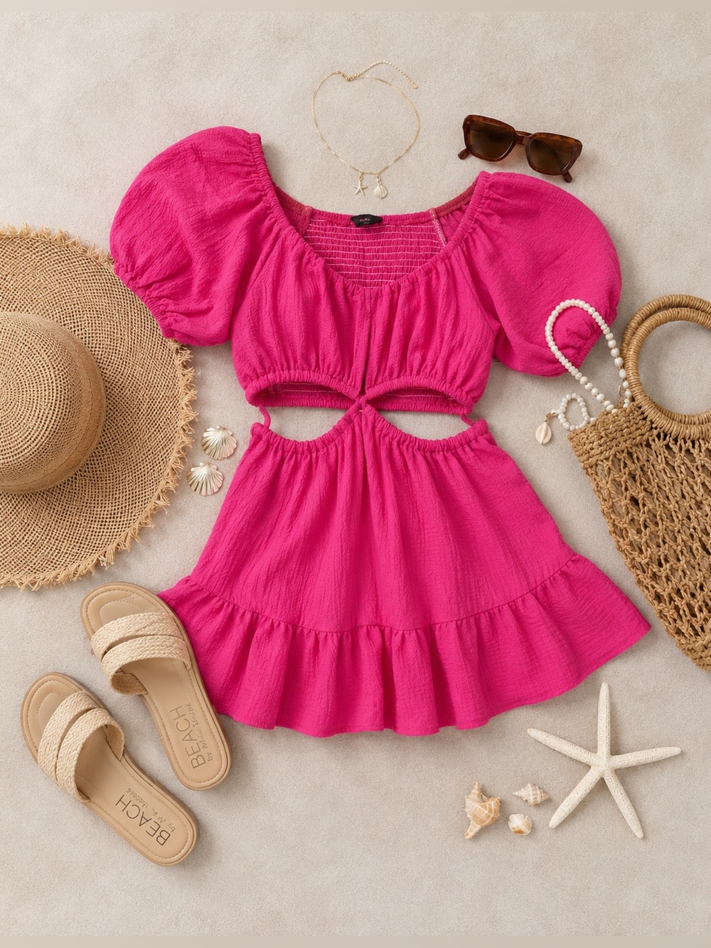 Lulu's Hot Pink Puff-Sleeve Cutout Mini Dress